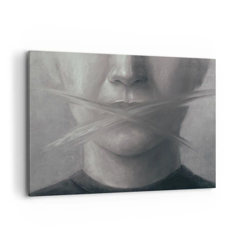 Obraz na płótnie - Symboliczny portret z zamazanymi ustami w szarej tonacji - 100x70cm - Ani słowa - Nowoczesna dekoracja ścienna do salonu, kuchni i sypialni ARTTOR