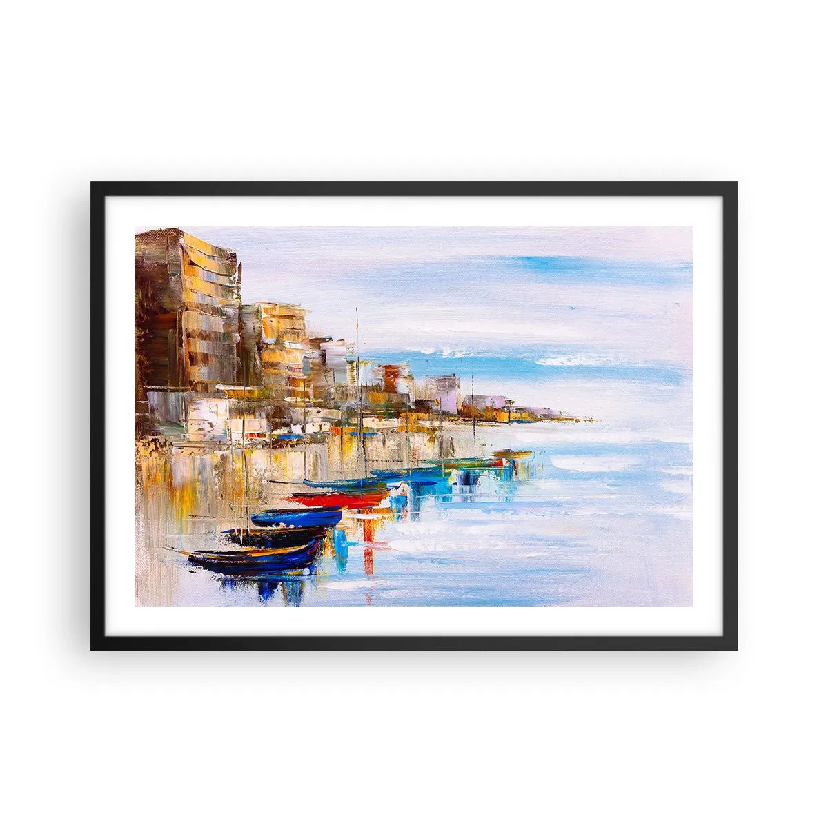 Plakat w czarnej ramie - Kolorowe łodzie przy brzegu z widokiem na miejską panoramę - 70x50cm - Wielobarwna miejska przystań - Nowoczesna dekoracja ścienna do salonu i sypialni ARTTOR