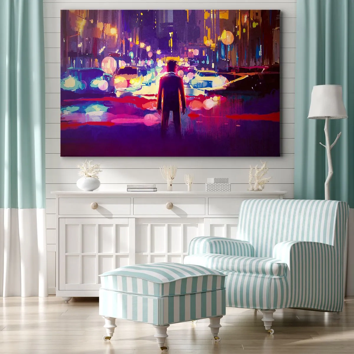 Obraz na płótnie - Mężczyzna w neonowej scenerii miejskiej nocy - 120x80cm - Zanurzony w świetle - Nowoczesna dekoracja ścienna do salonu, kuchni i sypialni ARTTOR