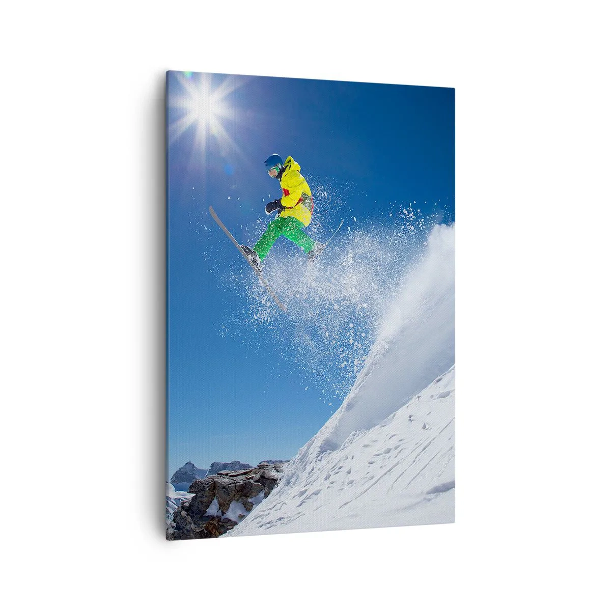 Obraz na płótnie - Narciarz w powietrzu na tle gór - 70x100cm - Tańczący z górami - Nowoczesna dekoracja ścienna do salonu i sypialni ARTTOR