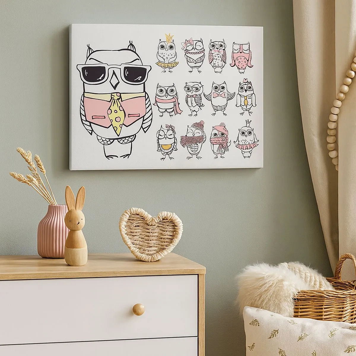 Obraz na płótnie - Sowy w różnych stylach i ubraniach - 70x50cm - Tyle ról do zagrania - Nowoczesna dekoracja ścienna do salonu i sypialni ARTTOR