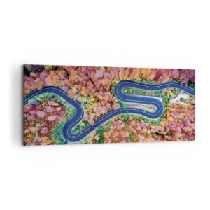 Obraz na płótnie - Kręta droga w jesiennym lesie widziana z lotu ptaka - 120x50cm - Krętą drogą poprzez las - Nowoczesna dekoracja ścienna do salonu i sypialni ARTTOR