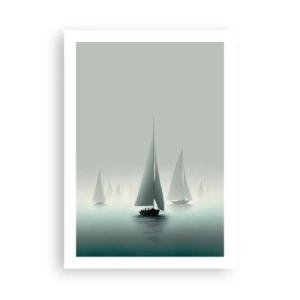 Plakat - Grupa żaglówek płynących po mglistym morzu, otoczonych spokojnymi wodami - 50x70cm - Zbudowane z mgły - Nowoczesna dekoracja ścienna do salonu, kuchni i sypialni ARTTOR