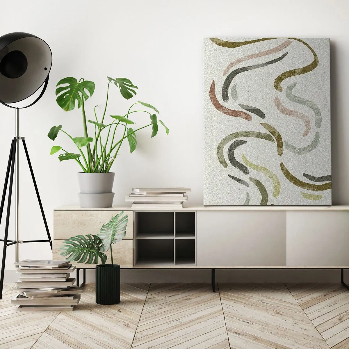 Obraz na płótnie - Delikatne, faliste linie w pastelowych odcieniach na jasnym tle - 50x70cm - Radosny taniec abstrakcji - Nowoczesna dekoracja ścienna do salonu, kuchni i sypialni ARTTOR