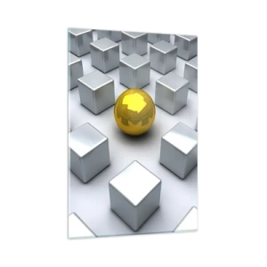 Obraz na szkle - Złota kula wyróżniająca się wśród srebrnych sześcianów - 80x120cm - Dlaczego ja? Kompozycja geometryczna - Nowoczesna dekoracja ścienna do salonu i sypialni ARTTOR