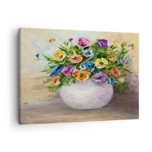 Obraz na płótnie - Kolorowy bukiet kwiatów w białym wazonie - 70x50cm - Martwa natura z białym wazonem - Nowoczesna dekoracja ścienna do salonu i sypialni ARTTOR