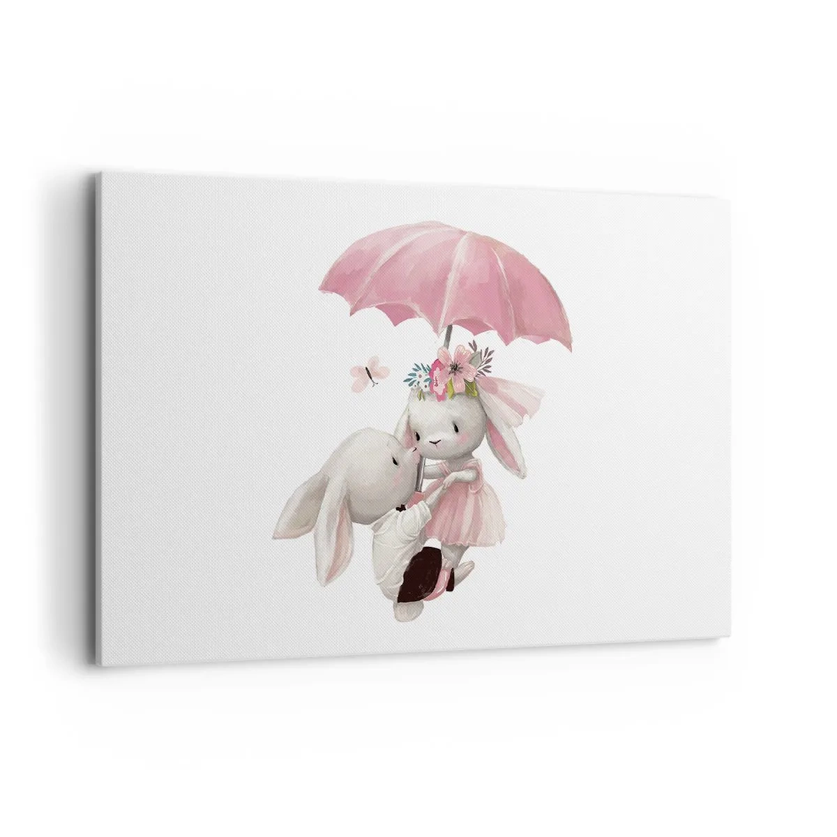 Obraz na płótnie - Urocze króliczki pod różowym parasolem - 120x80cm - To właśnie miłość - Nowoczesna dekoracja ścienna do salonu, kuchni i sypialni ARTTOR
