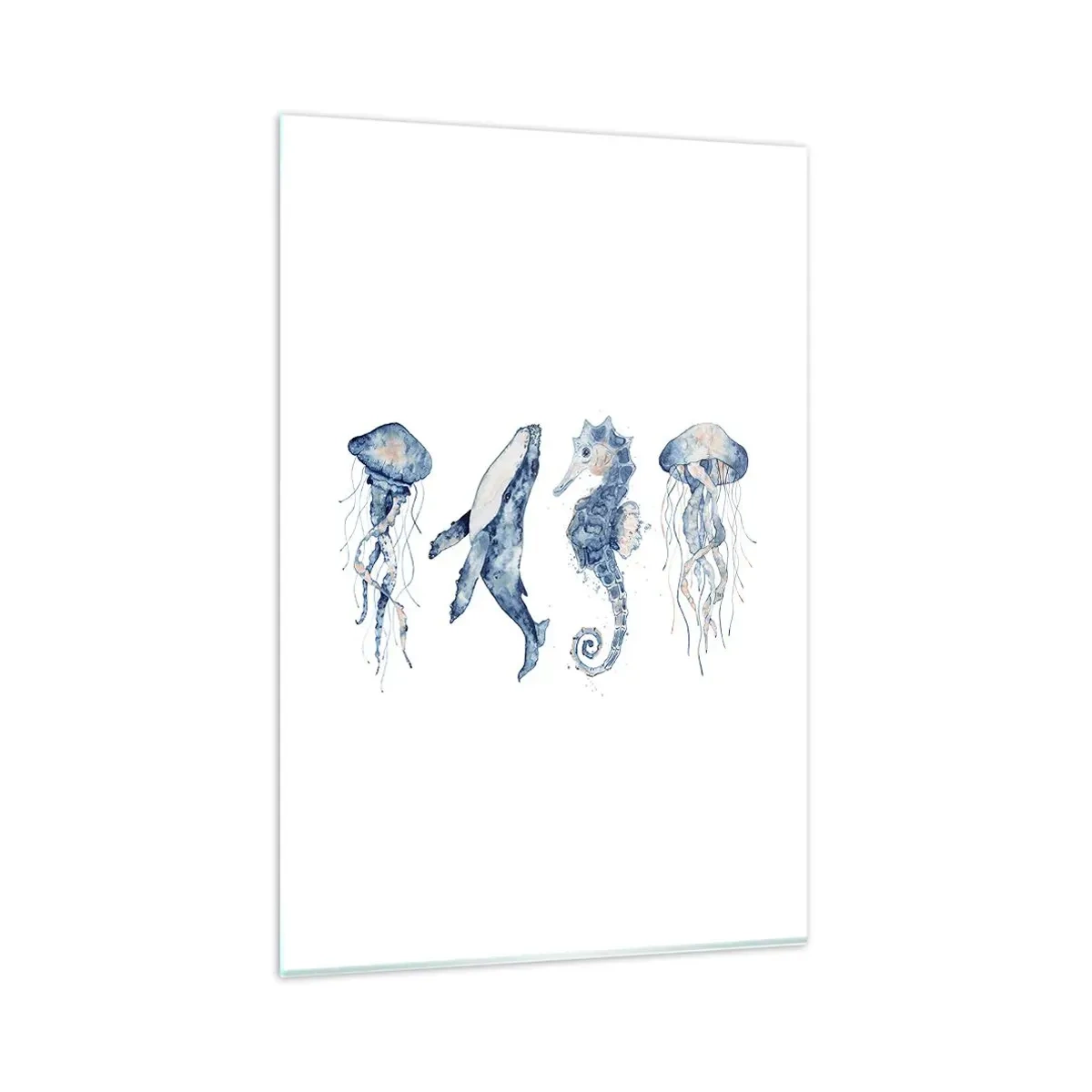 Obraz na szkle - Meduzy, wieloryb i konik morski w akwarelowym stylu - 80x120cm - Morskie dziwy - Nowoczesna dekoracja ścienna do salonu i sypialni ARTTOR
