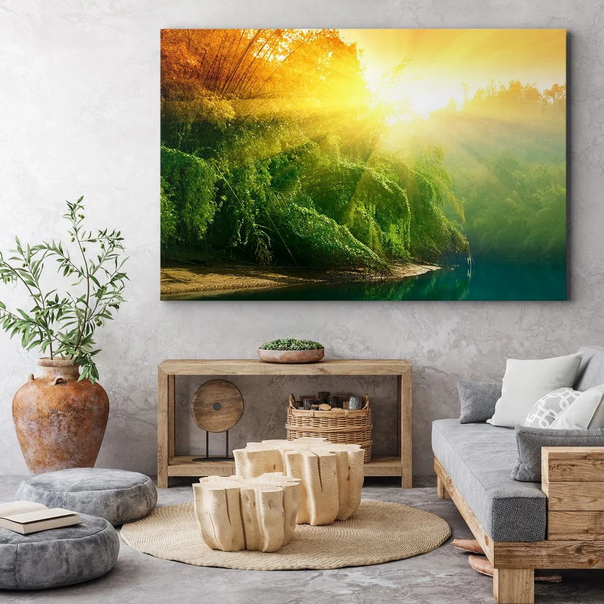 Obraz na płótnie - Zielony las nad rzeką oświetlony promieniami wschodzącego słońca - 70x50cm - Utonąć w słońcu i w cieniu - Nowoczesna dekoracja ścienna do salonu i sypialni ARTTOR
