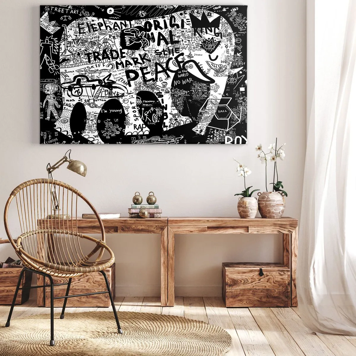 Obraz na płótnie - Czarno-biała grafika z motywami graffiti - 70x50cm - Bogaty świat ulicy - Nowoczesna dekoracja ścienna do salonu i sypialni ARTTOR
