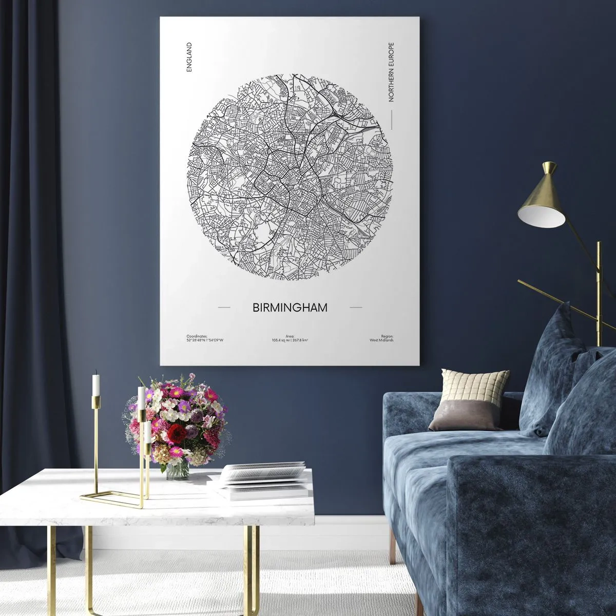 Obraz na szkle - Czarno-biała mapa Birmingham w nowoczesnym stylu graficznym - 50x70cm - Anatomia Birmingham - Nowoczesna dekoracja ścienna do salonu, kuchni i sypialni ARTTOR