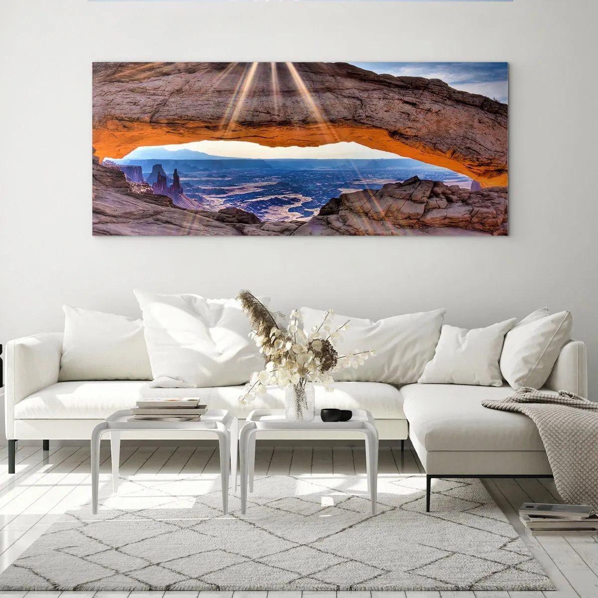 Obraz na szkle - Skalny łuk z widokiem na kanion o wschodzie słońca - 140x50cm - Przez skalną bramę - Nowoczesna dekoracja ścienna do salonu i sypialni ARTTOR