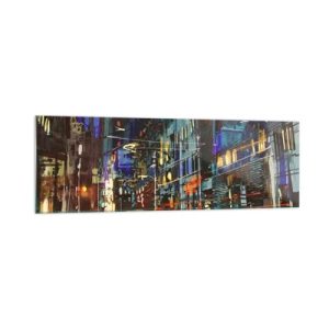 Obraz na szkle - Miejska nocna scena z neonami - 160x50cm - Wieczorny gwar ulicy - Nowoczesna dekoracja ścienna do salonu i sypialni ARTTOR