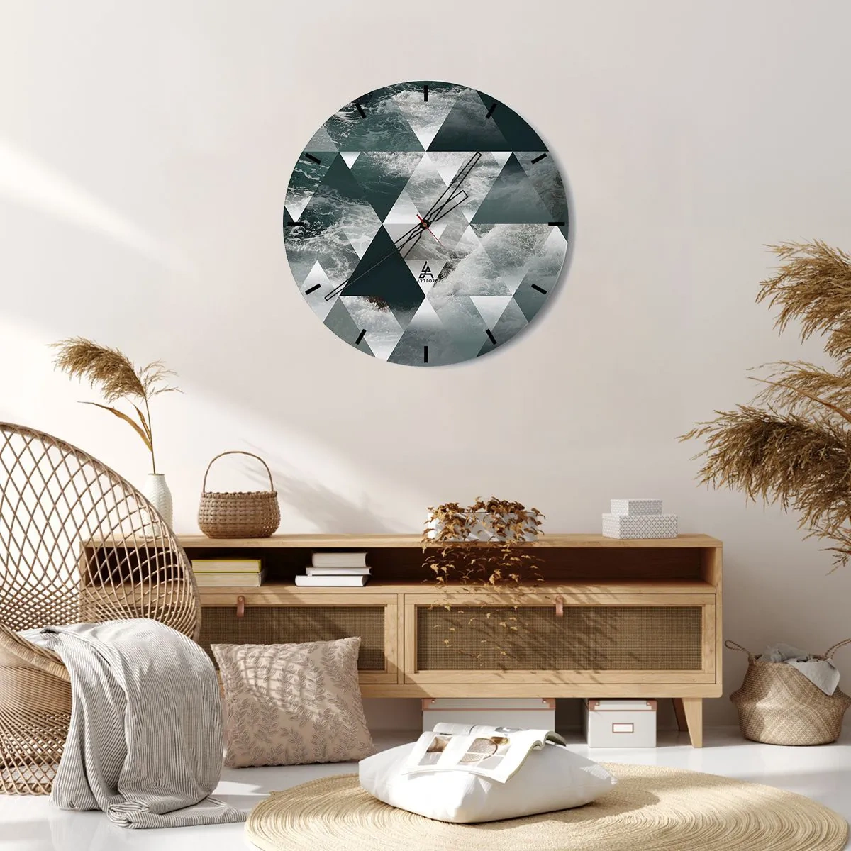 Zegar ścienny - Geometryczne trójkąty z motywem wzburzonego oceanu - 30x30cm - Kryształowa perspektywa - Nowoczesna dekoracja ścienna do salonu, kuchni i sypialni ARTTOR