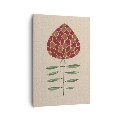 Obraz na płótnie - Geometryczna ilustracja kwiatu w odcieniach czerwieni i zieleni na beżowym tle - 70x100cm - Jak wielka szycha - Nowoczesna dekoracja ścienna do salonu i sypialni ARTTOR