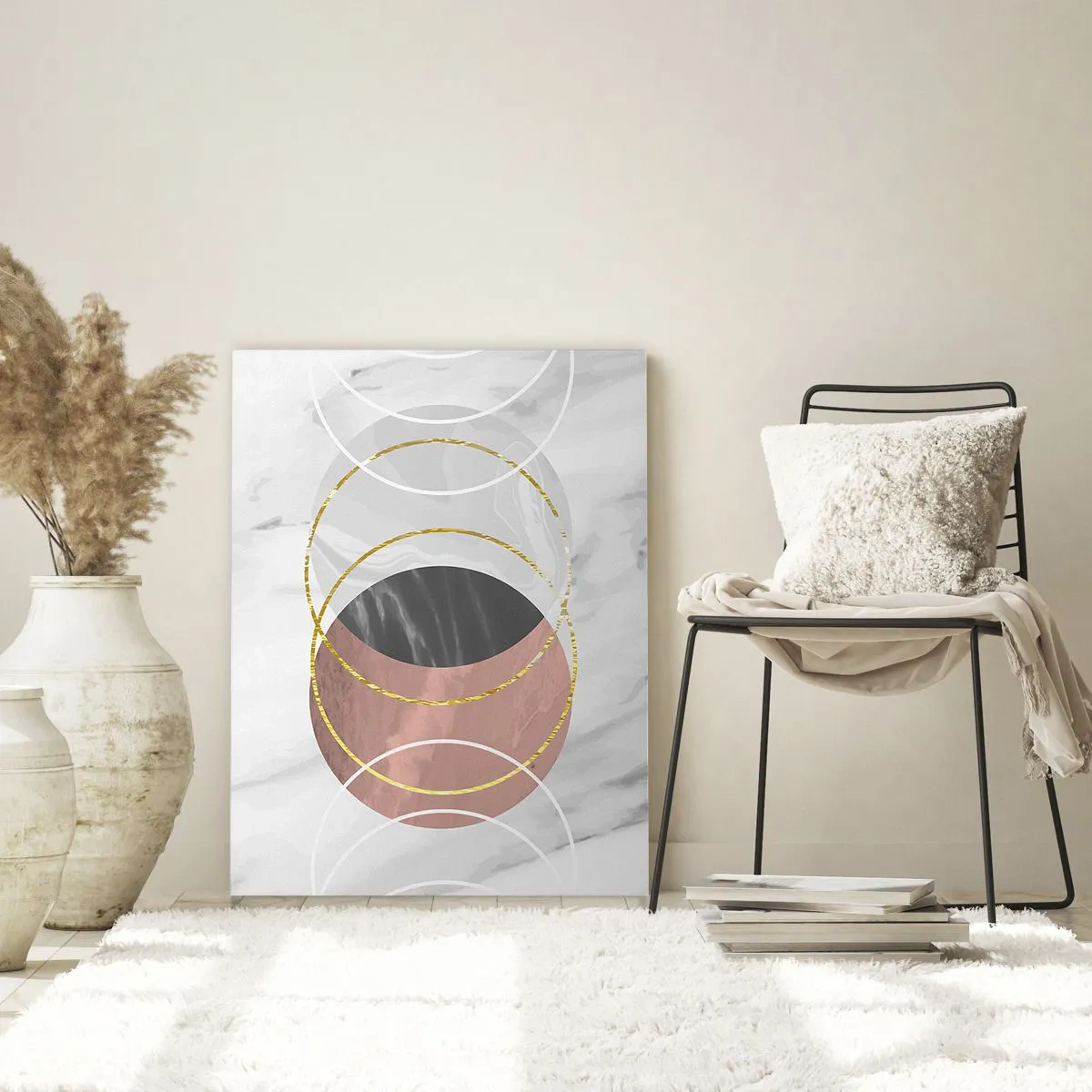 Obraz na szkle - Geometryczne koła w odcieniach miedzi, złota i marmuru - 50x70cm - Muzyka sfer - Nowoczesna dekoracja ścienna do salonu, kuchni i sypialni ARTTOR