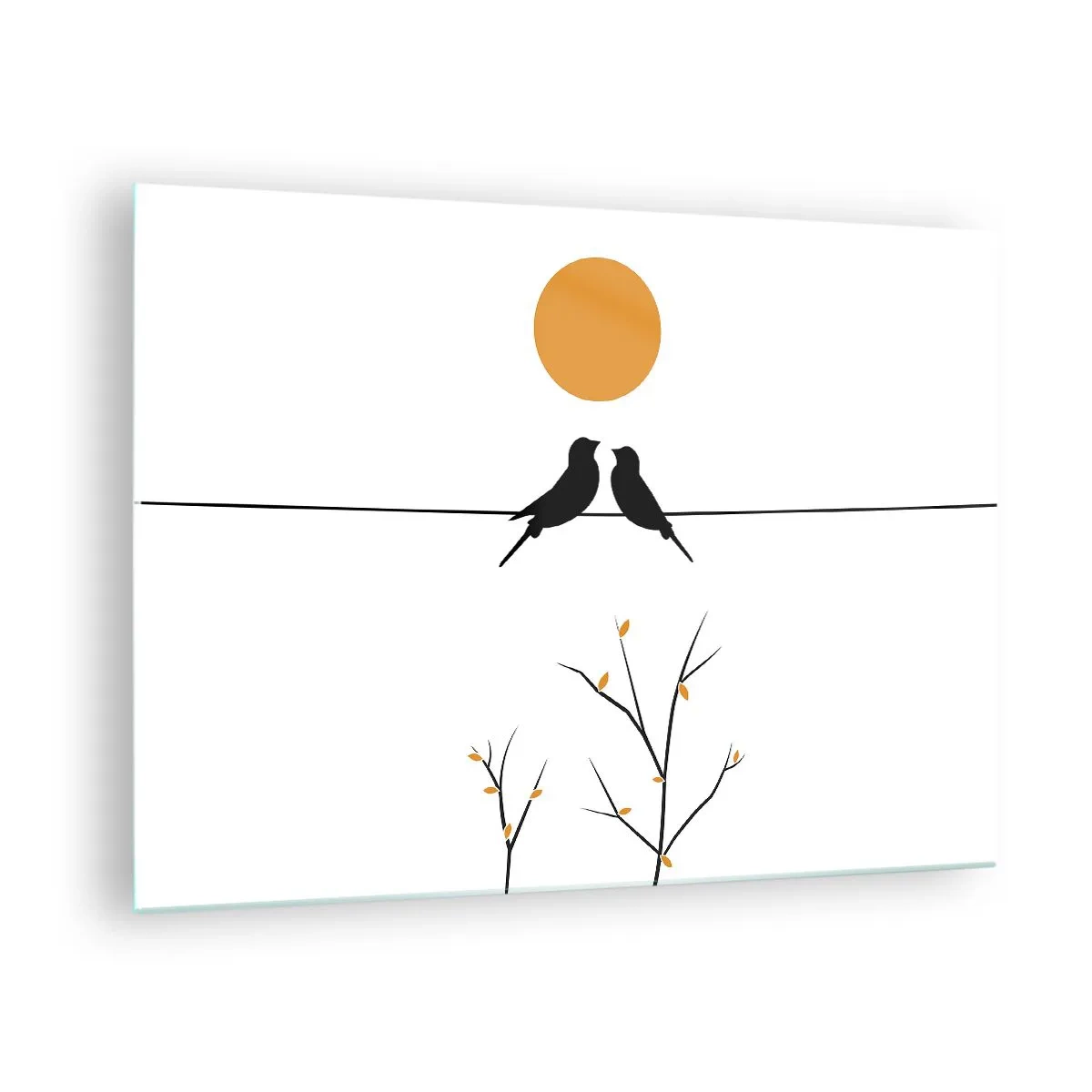 Obraz na szkle - Ptaki na linii pod pomarańczowym słońcem - 70x50cm - Słowiczy wieczór - Nowoczesna dekoracja ścienna do salonu i sypialni ARTTOR