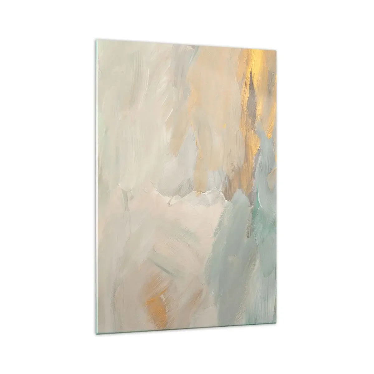 Obraz na szkle - Delikatne abstrakcyjne pociągnięcia w odcieniach bieli i złota - 70x100cm - Abstrakcja – kraina łagodności - Nowoczesna dekoracja ścienna do salonu i sypialni ARTTOR