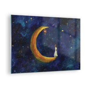 Obraz na szkle - Postać na księżycu w nocnym niebie - 70x50cm - Wołanie świata - Nowoczesna dekoracja ścienna do salonu i sypialni ARTTOR