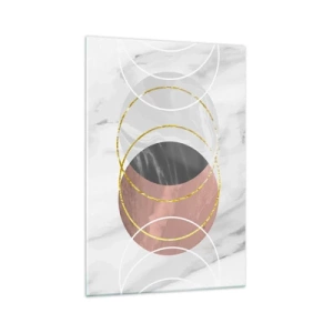 Obraz na szkle - Abstrakcyjna kompozycja geometryczna z kołami i metalicznymi detalami - 70x100cm - Muzyka sfer - Nowoczesna dekoracja ścienna do salonu i sypialni ARTTOR