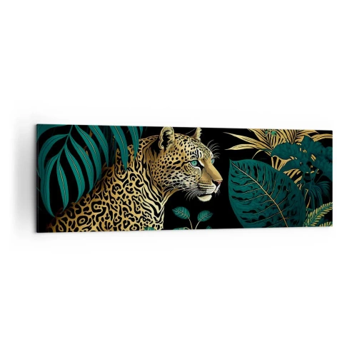 Obraz na płótnie - Leopard w tropikalnych liściach na czarnym tle - 160x50cm - Gospodarz w dżungli - Nowoczesna dekoracja ścienna do salonu i sypialni ARTTOR