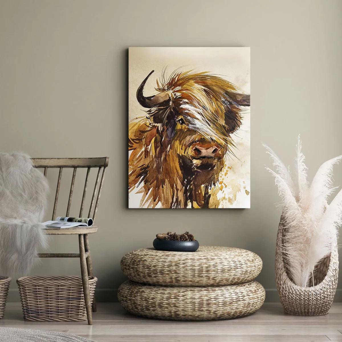 Obraz na płótnie - Malarska ilustracja byka szkockiego Highland z długimi rogami i grzywą - 50x70cm - Duma łowcy - Nowoczesna dekoracja ścienna do salonu, kuchni i sypialni ARTTOR