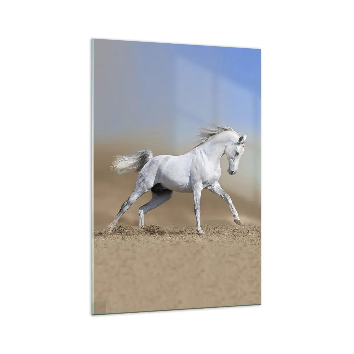 Obraz na szkle - Biały koń galopujący po pustynnym krajobrazie - 70x100cm - Najpiękniejsza arabska baśń - Nowoczesna dekoracja ścienna do salonu i sypialni ARTTOR
