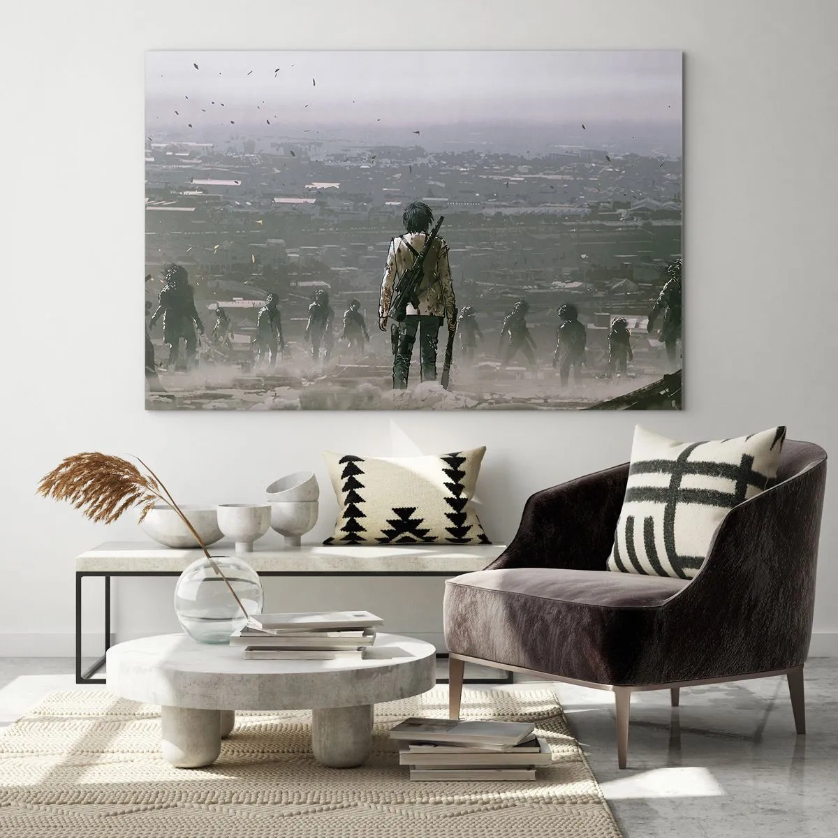 Obraz na szkle - Postać z karabinem w mrocznej scenerii zbliżającej się grupy - 100x70cm - Ostatni sprawiedliwy? - Nowoczesna dekoracja ścienna do salonu, kuchni i sypialni ARTTOR