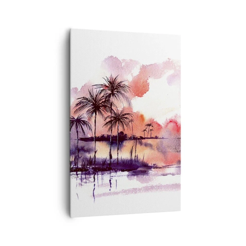 Obraz na płótnie - Tropikalny pejzaż z palmami o zachodzie słońca w akwareli - 80x120cm - Spokój tropików w czerwieni - Nowoczesna dekoracja ścienna do salonu i sypialni ARTTOR