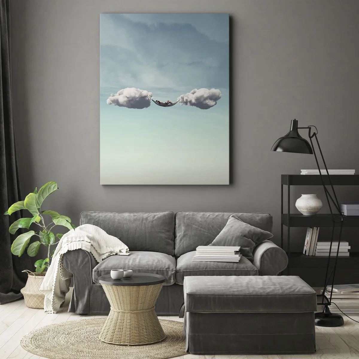 Obraz na płótnie - Osoba relaksująca się w hamaku zawieszonym między dwiema chmurami - 50x70cm - Błogość chwili - Nowoczesna dekoracja ścienna do salonu, kuchni i sypialni ARTTOR