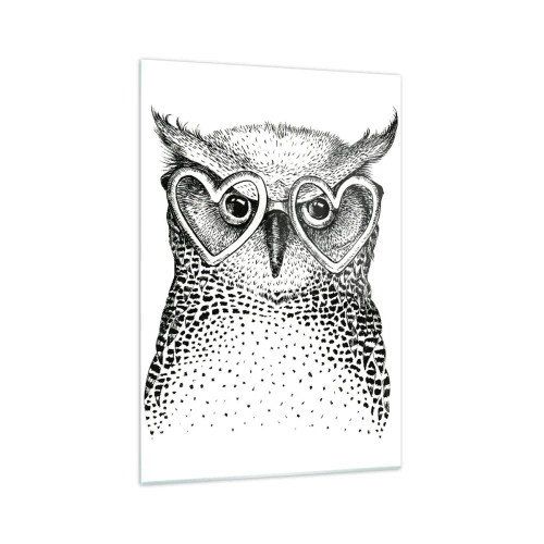 Obraz na szkle - Stylowa grafika sowy w okularach w kształcie serc - 70x100cm - Mądrze i z miłością - Nowoczesna dekoracja ścienna do salonu i sypialni ARTTOR