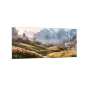 Obraz na szkle - Górska dolina z łąkami, chatami i widokiem na szczyty - 120x50cm - Sielska dolina - Nowoczesna dekoracja ścienna do salonu i sypialni ARTTOR