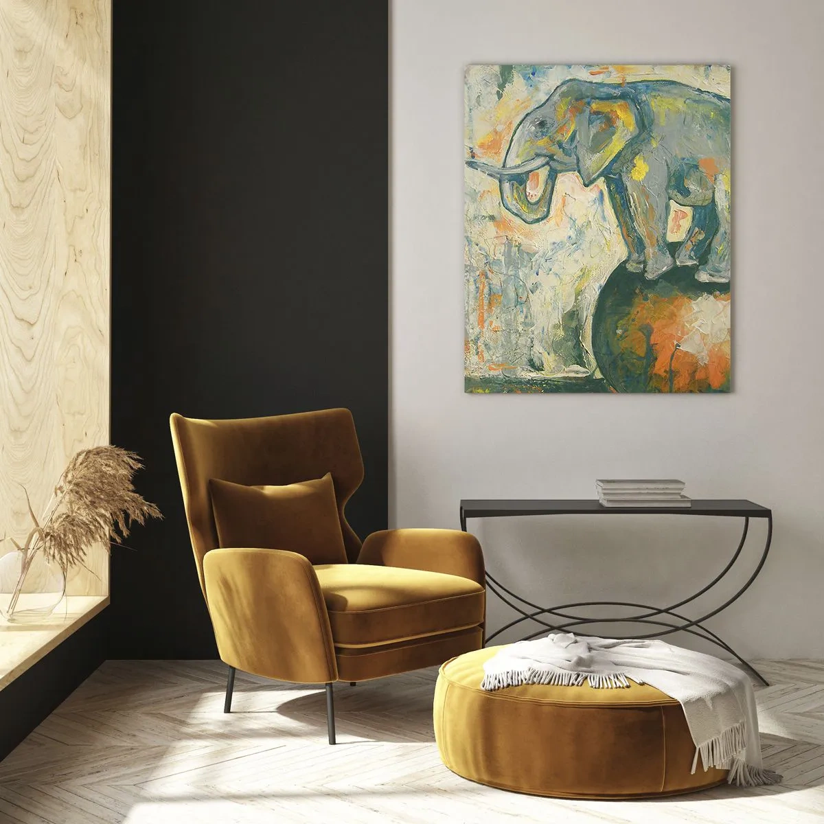 Obraz na szkle - Słoń balansujący na kuli w artystycznym stylu - 70x100cm - Niech żyje cyrk! - Nowoczesna dekoracja ścienna do salonu i sypialni ARTTOR