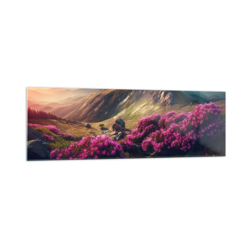 Obraz na szkle - Górski krajobraz z kwitnącymi rododendronami - 160x50cm - Lato w górach - Nowoczesna dekoracja ścienna do salonu i sypialni ARTTOR