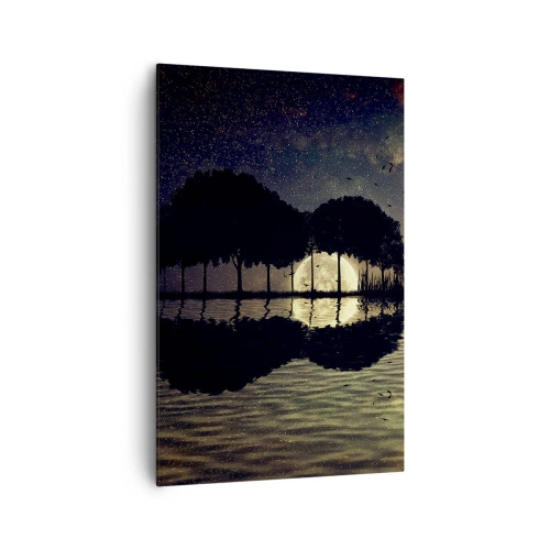 Obraz na płótnie - Magiczna noc z drzewami i odbiciem księżyca na wodzie - 80x120cm - Noc na krańcu świata - Nowoczesna dekoracja ścienna do salonu i sypialni ARTTOR