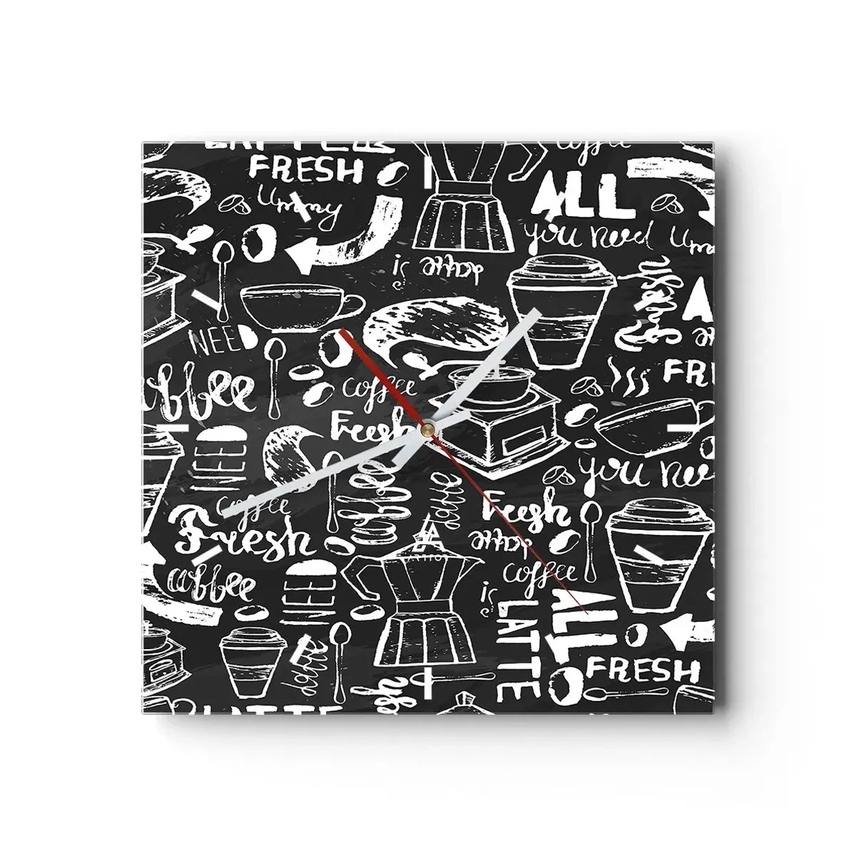 Zegar ścienny - Stylowa grafika kawowa na czarnym tle - 30x30cm - All you need is… - Nowoczesna dekoracja ścienna do salonu i sypialni ARTTOR