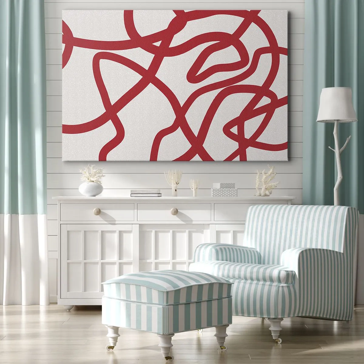 Obraz na płótnie - Czerwone abstrakcyjne linie na białym tle - 70x50cm - Czerwono na białym - Nowoczesna dekoracja ścienna do salonu i sypialni ARTTOR