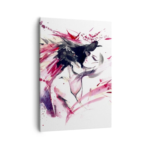 Obraz na płótnie - Akwarelowe przedstawienie pary w namiętnym pocałunku z dynamicznymi pociągnięciami pędzla - 50x70cm - Miłosne spełnienie - Nowoczesna dekoracja ścienna do salonu, kuchni i sypialni ARTTOR