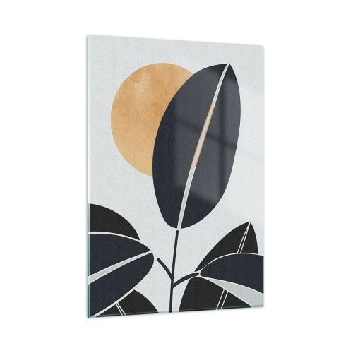 Obraz na szkle - Stylizowane liście w czerni z pomarańczowym słońcem w tle - 50x70cm - Dzień gorącego lata - Nowoczesna dekoracja ścienna do salonu, kuchni i sypialni ARTTOR
