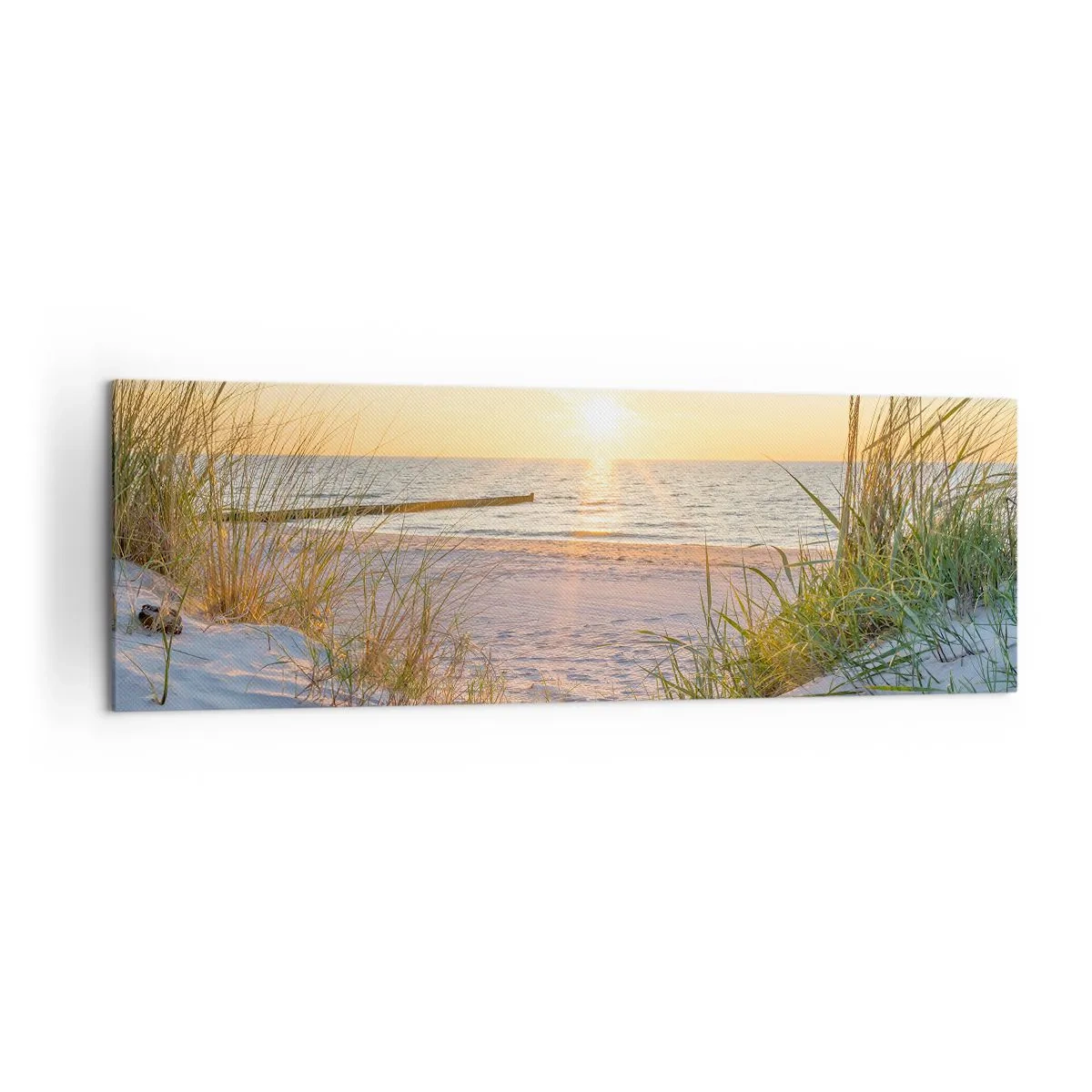 Obraz na płótnie - Piaszczysta plaża z widokiem na zachodzące słońce nad morzem - 160x50cm - Morza szum, ptaków śpiew, dzika plaża pośród traw… - Nowoczesna dekoracja ścienna do salonu i sypialni ARTTOR