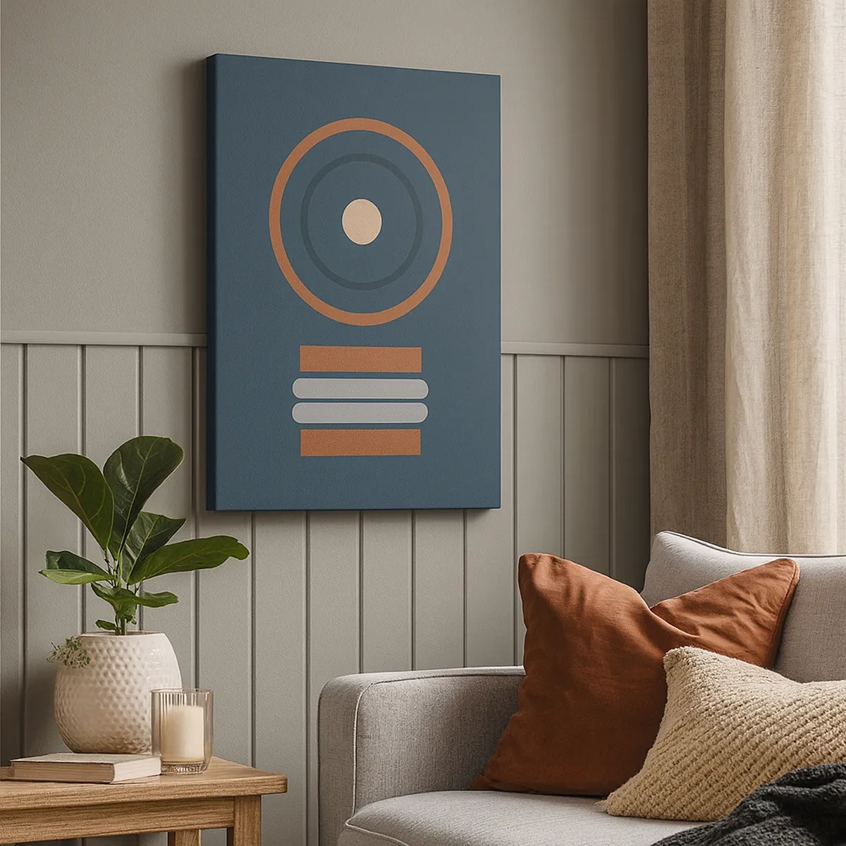 Obraz na płótnie - Geometryczny obraz w stylu minimalistycznym z okręgami i prostokątami - 50x70cm - Istota rzeczy - Nowoczesna dekoracja ścienna do salonu, kuchni i sypialni ARTTOR