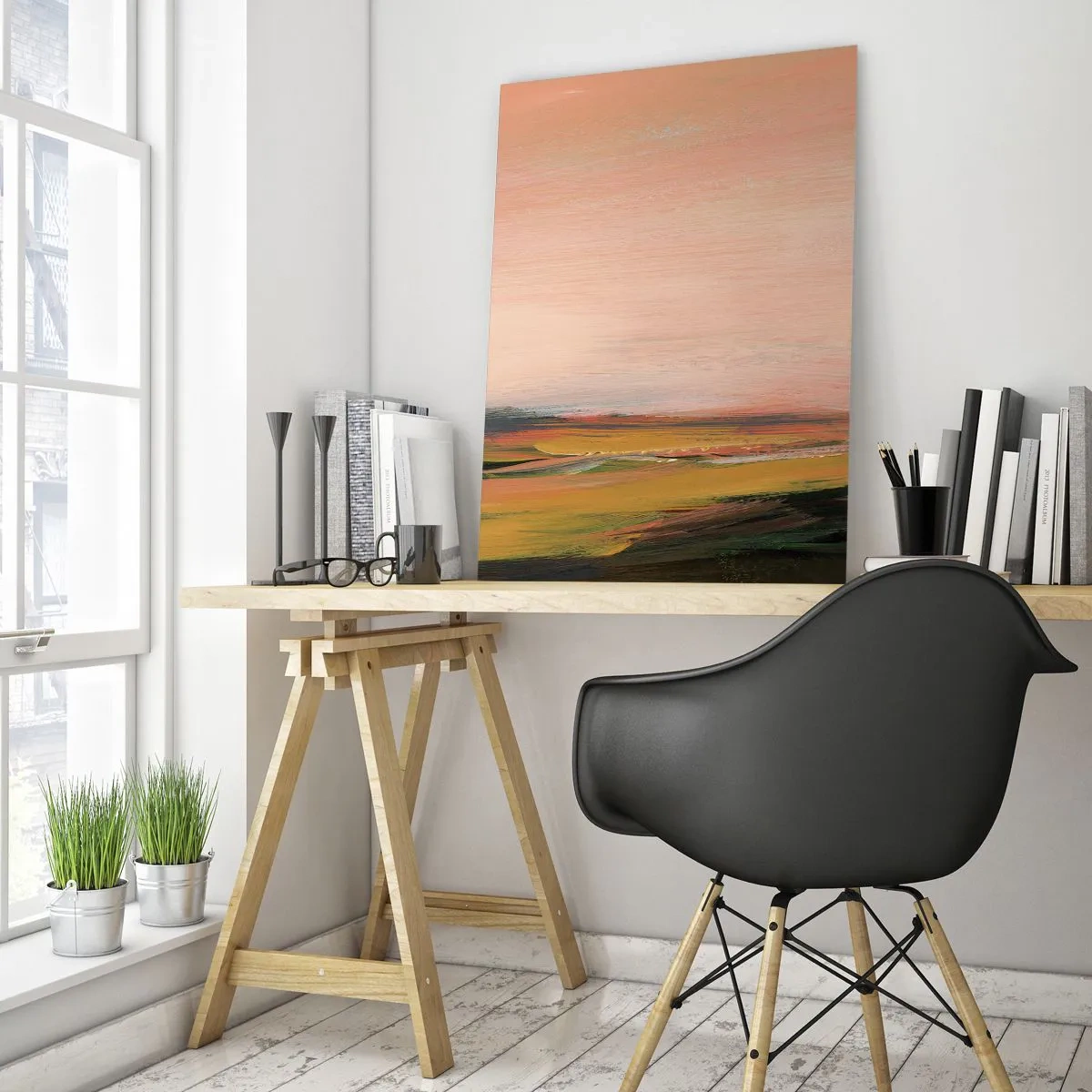 Obraz na szkle - Abstrakcyjny pejzaż w odcieniach różu i złamanej zieleni - 50x70cm - W różowej tonacji - Nowoczesna dekoracja ścienna do salonu, kuchni i sypialni ARTTOR