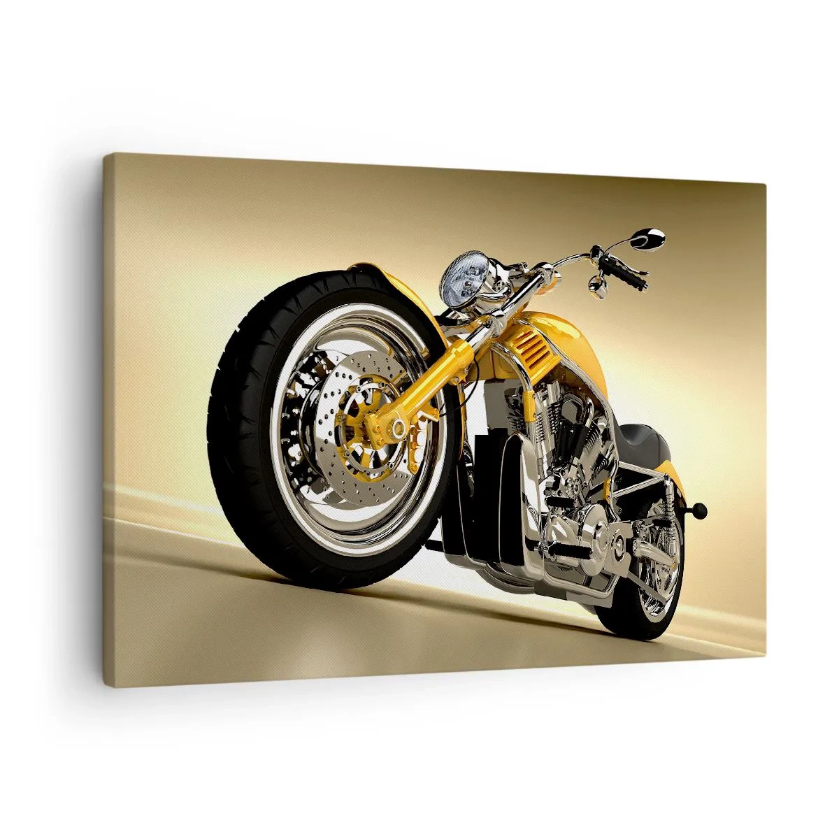 Obraz na płótnie - Żółty motocykl w stylu chopper na tle beżowej ściany - 70x50cm - Marzenie o sile i prędkości - Nowoczesna dekoracja ścienna do salonu i sypialni ARTTOR