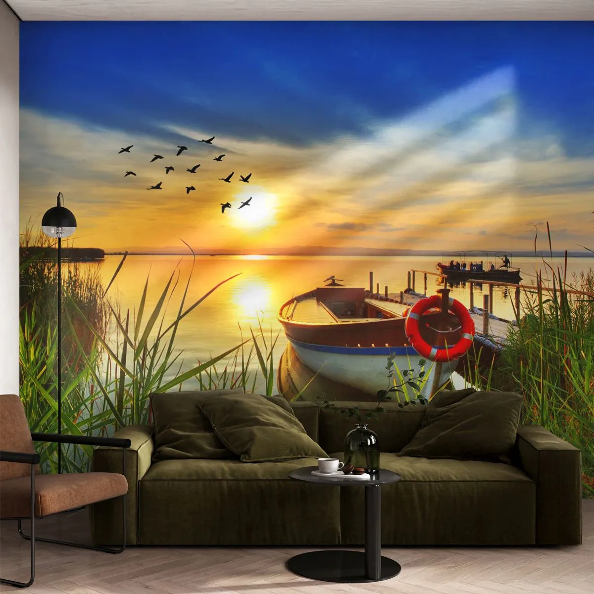 Fototapeta Premium Sand - Łódź przy pomoście o zachodzie słońca - 100x70cm - Kormorany odlatują już - Nowoczesna dekoracja ścienna do salonu, kuchni i sypialni ARTTOR