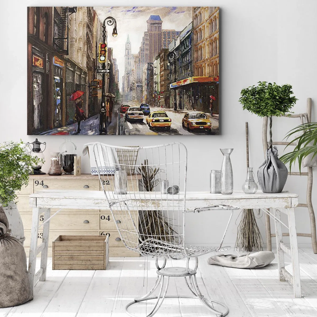 Obraz na płótnie - Miejski pejzaż z ulicą i żółtymi taksówkami - 70x50cm - Nowy Jork – w deszczu tez kolorowy - Nowoczesna dekoracja ścienna do salonu i sypialni ARTTOR