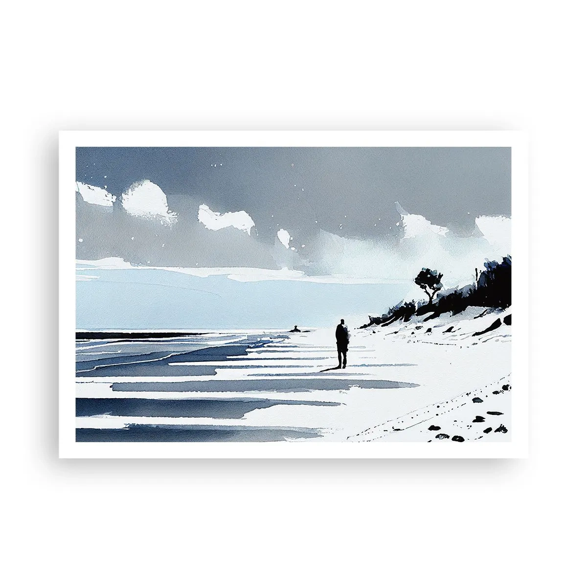 Plakat - Samotna postać spacerująca po pustej plaży - 100x70cm - Sam na sam - Nowoczesna dekoracja ścienna do salonu i sypialni ARTTOR