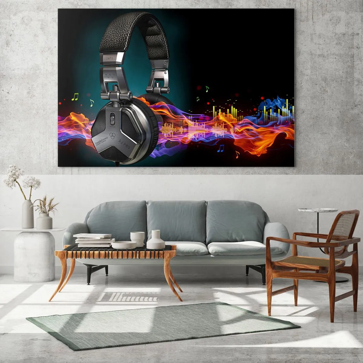 Obraz na szkle - Słuchawki DJ z kolorowymi falami dźwięku i nutami - 120x80cm - W ogniu muzyki - Nowoczesna dekoracja ścienna do salonu, kuchni i sypialni ARTTOR