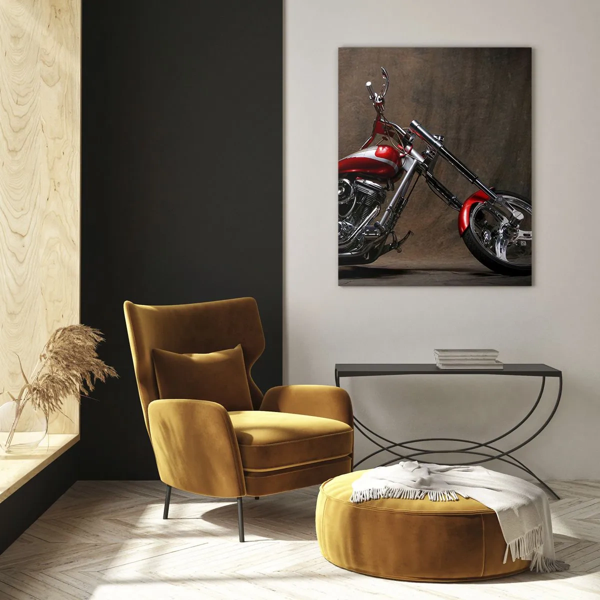 Obraz na szkle - Czerwony motocykl custom na ciemnym tle - 50x70cm - Czerwono-srebrna piękność - Nowoczesna dekoracja ścienna do salonu, kuchni i sypialni ARTTOR