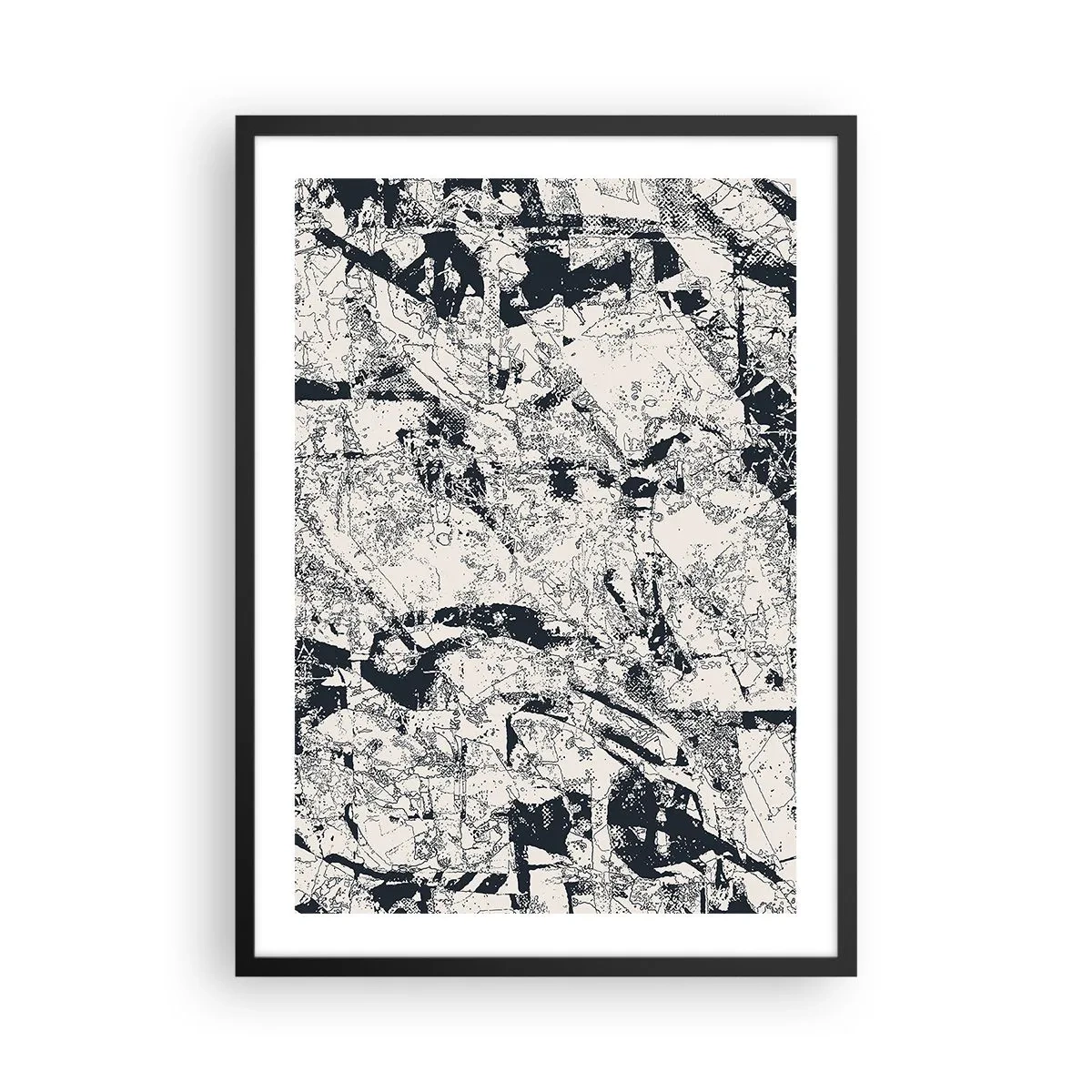 Plakat w czarnej ramie - Abstrakcyjna czarno-biała kompozycja z teksturą - 50x70cm - Przenikanie przeciwieństw - Nowoczesna dekoracja ścienna do salonu i sypialni ARTTOR