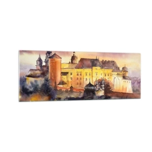Obraz na szkle - Malowniczy obraz zamku o zachodzie słońca w akwarelowym stylu - 140x50cm - Historia i baśń - Nowoczesna dekoracja ścienna do salonu i sypialni ARTTOR